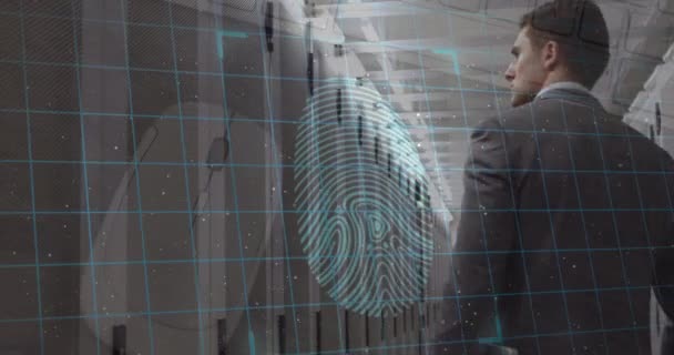 Biometric Fingerprint Scanner Security Padlock Icon Caucasian Male Engineer Server — ストック動画