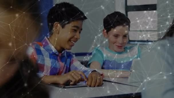 Network Connections Two Diverse Boys Using Digital Tablet Class School — Vídeo de Stock