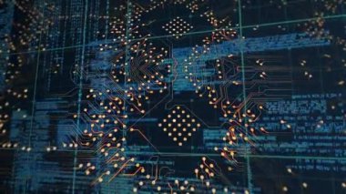 Mavi arkaplandaki mikroişlemci bağlantılarına karşı ızgara ağı üzerinden veri işleme. Bilgisayar arayüzü ve iş teknolojisi kavramı