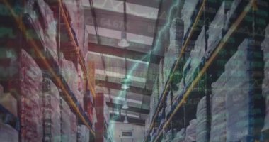 Depo üzerinden finansal verilerin ve grafiklerin animasyonu. iş, finans ve dağıtım hizmetleri kavramı dijital olarak oluşturulmuş video hizmetleri.