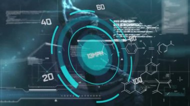 Siyah arkaplanda DNA ipliği üzerinde tarama ve veri işleme animasyonu. Küresel teknoloji, bilgisayar ve dijital arayüz kavramı dijital olarak oluşturulmuş video.