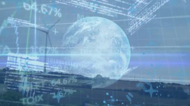 Finansal verilerin animasyonu, rüzgar türbiniyle dünya ve manzara. Veri işleme, küresel ağ, bilgisayarlar ve teknoloji konsepti dijital olarak oluşturulmuş video.
