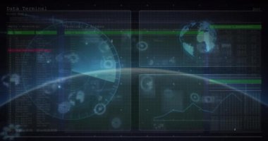 Dünya üzerinde veri işleme animasyonu. küresel iş ve dijital arayüz kavramı dijital olarak oluşturulmuş video.
