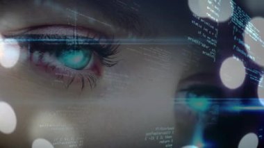 Parlak ışık ve veri işleme noktaları kadın gözlerini kapatıyor. Biyometrik tarama ve teknoloji konsepti