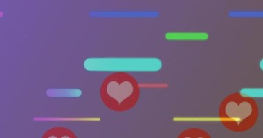 Mor arkaplanda renkli çizgiler üzerinde yüzen sosyal medya tepkilerinin animasyonu. Sosyal medya, ağ ve iletişim konsepti dijital olarak oluşturulmuş video,.