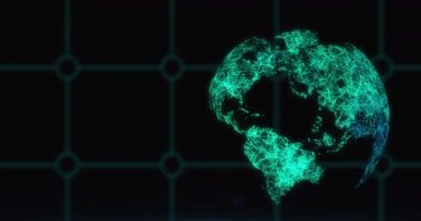 Siyah arka planda dönen bağlantıları olan dünyanın animasyonu. küresel ağ, bağlantılar ve teknoloji konsepti dijital olarak oluşturulmuş video.