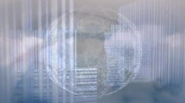 Bir kadın gözünün kapanmasına karşı mavi gökyüzündeki bağlantı ve bulutlardan oluşan bir dünya. Biyometrik ve siber güvenlik teknolojisi kavramı