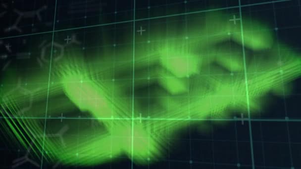 用绿色形状在黑色背景上动画化学公式和数据 知识和技术概念数码录像 — 图库视频影像