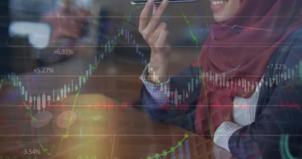 Animation Financial Data Biracial Woman Hijab Having Phone Call Business — Vídeo de Stock