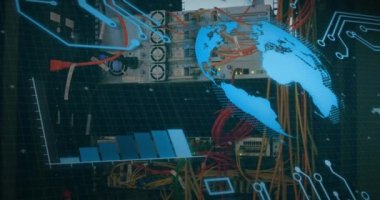 Bilgisayar sunucusundaki kablolar üzerinden dönen ve veri işleme animasyonu. küresel hesaplama ve veri işleme kavramı dijital olarak oluşturulmuş video.