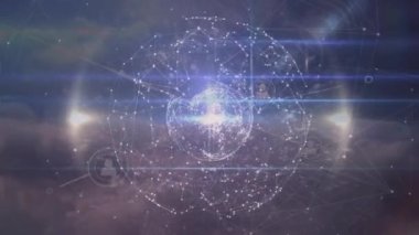 Bulutlu gökyüzünde bağlantı ağının ve veri işleme ağının animasyonu. Dijital olarak oluşturulmuş küresel bağlantılar, veri işleme ve dijital arayüz kavramı.