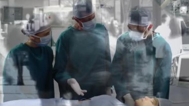 Muhtelif cerrahların üzerinde yürüyen ve konuşan insanların animasyonu. Küresel tıp ve dijital arayüz kavramı dijital olarak oluşturulmuş video.