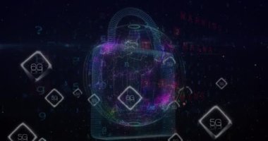 Siyah arka planda asma kilit üzerinde veri işleme animasyonu. Küresel iş ve dijital arayüz kavramı dijital olarak oluşturulmuş video.