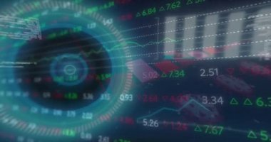Finansal veriler üzerinden dijital ekranda veri işleme animasyonu. Ağ, veri işleme, dijital ekran, İnternet güvenliği ve dijital olarak oluşturulmuş iletişim konsepti.