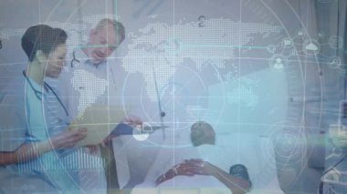 Data processing over caucasian male doctor and female health worker discussing reports at hospital. Medical healthcare and technology concept