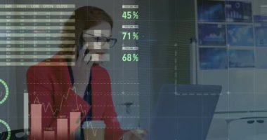 Animation of financial data processing over businesswomen using smartphone. Global business, finances, data processing and digital interface concept digitally generated video.