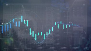 Şehir manzarası üzerinde veri işleme animasyonu. küresel iş ve dijital arayüz kavramı dijital olarak oluşturulmuş video.