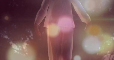 Kolları geniş, beyaz kadın üzerinde ışık lekeleri. Küresel iş ve dijital arayüz kavramı dijital olarak oluşturulmuş video.