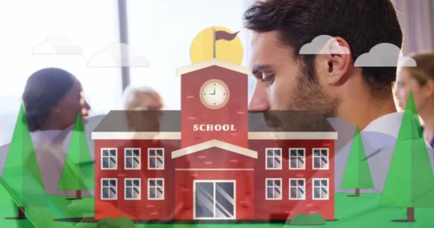 Animatie Van Schoolgebouw Gelukkige Blanke Man Die Functie Werkt School — Stockvideo