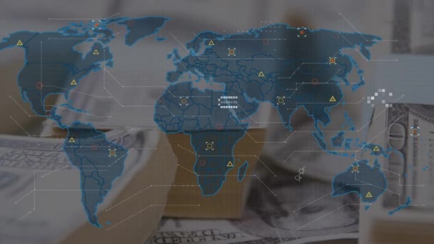 Animacja Przetwarzania Danych Mapa Świata Nad Banknotami Koncepcja Globalnego Biznesu — Wideo stockowe