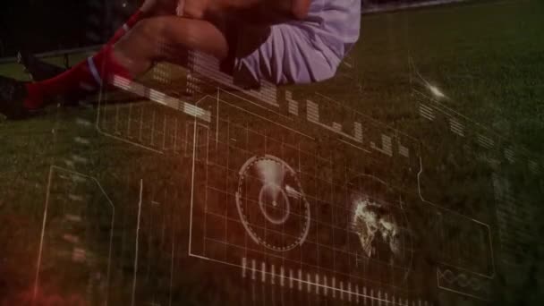 Animation Data Processing Caucasian Male Soccer Player Lying Global Sport — Stok video