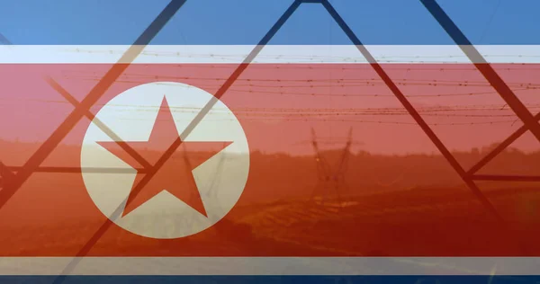 Obrázek Vlajky Severní Koreje Nad Sloupy Ukrajinská Krize Koncepce Mezinárodní — Stock fotografie