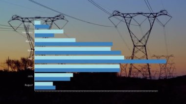 Elektrik direkleri üzerinde finansal veri işleme animasyonu. Küresel ekoloji, finans ve dijital arayüz kavramı dijital olarak oluşturulmuş video.