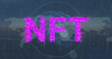 Nft metninin dijital beyin ve veri işleme üzerine animasyonu. Küresel teknoloji, bilgisayar ve dijital arayüz kavramı dijital olarak oluşturulmuş video.