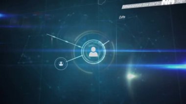 Karanlık arkaplan üzerindeki simgelerle bağlantı ağının animasyonu. Küresel bilim, bağlantılar, veri işleme ve dijital arayüz kavramı dijital olarak oluşturulmuş video.