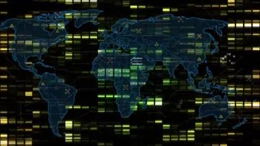 Dünya haritasının animasyonu, finansal grafikler ve kara fon verileri. Küresel finans, ekonomi, ağ, bilgisayar ve teknoloji konsepti dijital olarak oluşturulmuş video.