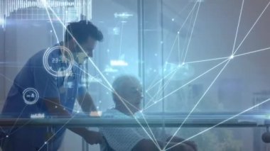 Tekerlekli sandalyedeki yaşlı hastaya yardım eden erkek doktorla olan bağlantıların animasyonu. sağlık, tıp, bağlantılar ve teknoloji konsepti dijital olarak oluşturulmuş video.