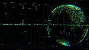 Siyah arkaplandaki küresel ve finansal grafiklerin animasyonu. Küresel finans, ekonomi, ağ, bilgisayar ve teknoloji konsepti dijital olarak oluşturulmuş video.