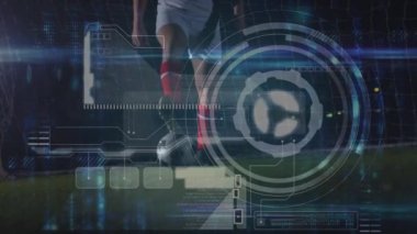 Kafkas erkek futbolcu üzerinde veri işleme animasyonu. Küresel spor ve dijital arayüz kavramı dijital olarak oluşturulmuş video.