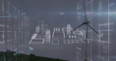 Rüzgâr türbinleri üzerinde veri işleme ve meta-şehir animasyonu. Enerji, elektrik, veri işleme, güvenlik ve teknoloji konsepti dijital olarak oluşturulmuş video.