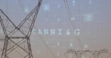Elektrik direği ve peyzaj üzerinde işlenen siber saldırı verilerinin animasyonu. küresel enerji, elektrik ve veri işleme kavramı dijital olarak oluşturulmuş video.