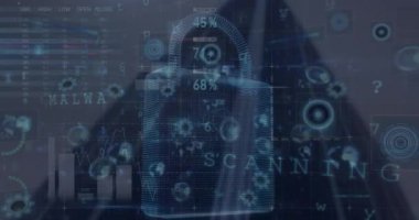 Asma kilit üzerinde veri işleme animasyonu. küresel iş ve dijital arayüz kavramı dijital olarak oluşturulmuş video.