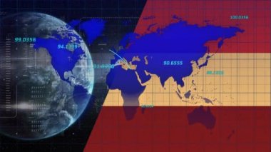 Dünya ve dünya haritasında veri işleme animasyonu. Küresel iş ve dijital arayüz kavramı dijital olarak oluşturulmuş video.