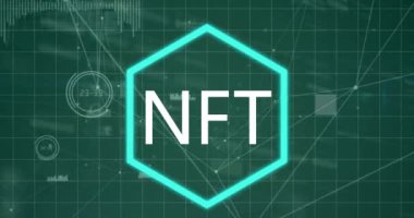 Nft metninin bağlantı ağı ve veri işleme ağı üzerinden canlandırılması. Küresel teknoloji, bilgisayar ve dijital arayüz kavramı dijital olarak oluşturulmuş video.