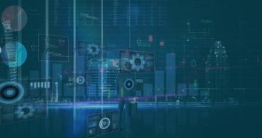 Animation of data processing on screens over back view of businessman using touchscreen. Business, data processing and technology concept digitally generated video.