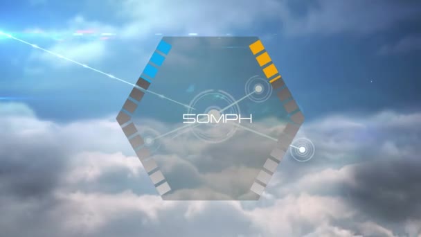 Altıgen Pankartın Üzerindeki Hız Göstergesi Mavi Gökyüzündeki Bağlantı Ağına Bulutlara — Stok video