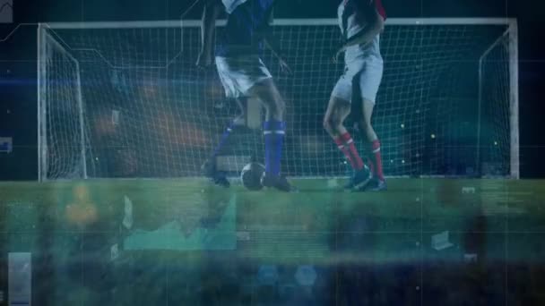 Animacja Przetwarzania Danych Nad Różnymi Męskimi Piłkarzami Koncepcja Globalnego Sportu — Wideo stockowe