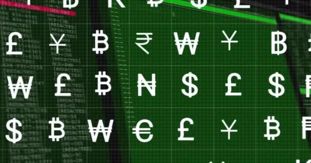 Animation Von Währungssymbolen Über Der Datenverarbeitung Auf Grünem Hintergrund Finanz — Stockvideo