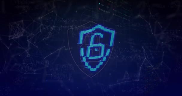 Ikona Ekranu Blokady Bezpieczeństwa Nad Siecią Połączeń Niebieskim Tle Globalne — Wideo stockowe