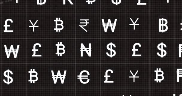 Animation Currency Symbols Data Processing Black Background Finance Economy Technology — Stock Video