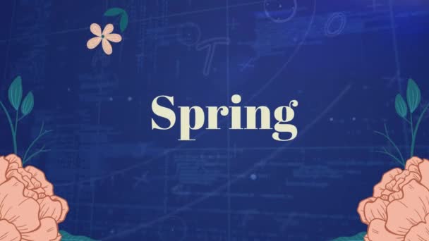 Frühlingstext Mit Rosafarbenen Blumensymbolen Die Gegen Die Datenverarbeitung Auf Blauem — Stockvideo