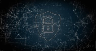 Siyah zemin üzerinde asma kilit olan bağlantılar, veri ve dijital kalkan görüntüsü. küresel internet güvenliği, bağlantılar ve veri işleme kavramı dijital olarak oluşturulmuş görüntü.