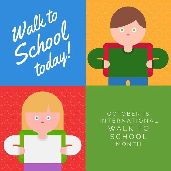 Illustration of children and walk to school today and october is international walk to school month. Text, student, vector, copy space, childhood, education, healthcare, fitness and active lifestyle.