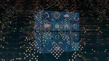 Siyah arkaplandaki mikroişlemci bağlantılarına karşı ızgara ağı üzerinden veri işleme. Bilgisayar arayüzü ve iş teknolojisi kavramı