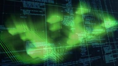 Şebeke üzerinde işaretleyicilerle parlayan veri işleme animasyonu. küresel hesaplama, veri işleme ve dijital arayüz kavramı dijital olarak oluşturulmuş video.