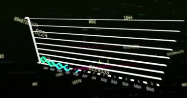 Karanlık arka planda finansal veri işleme animasyonu. Küresel bilim, bağlantılar, veri işleme ve dijital arayüz kavramı dijital olarak oluşturulmuş video.